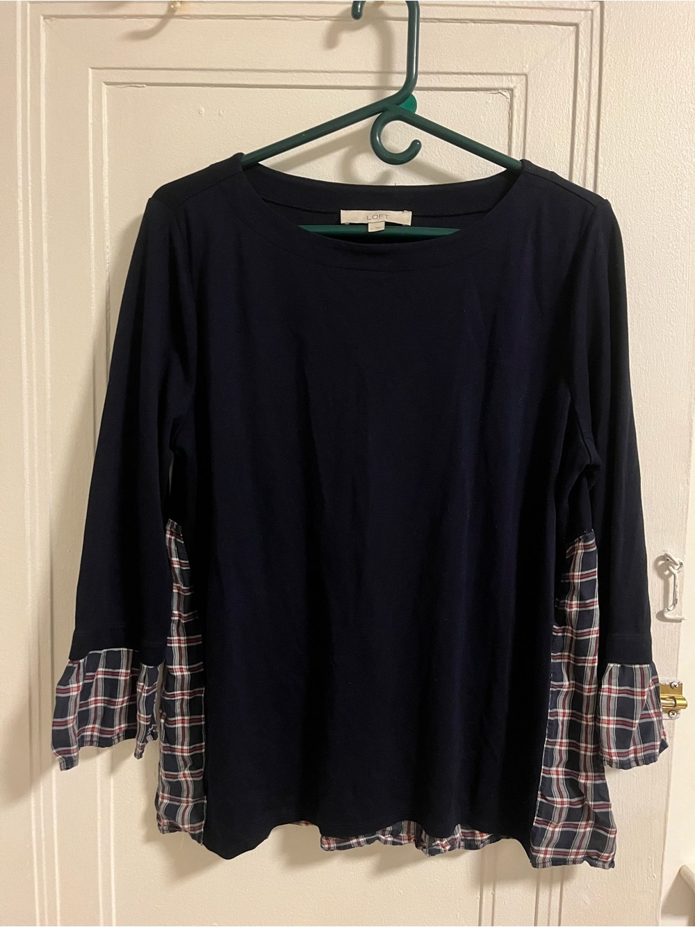 LOFT Navy Long-Sleeve Crew with Plaid Trim